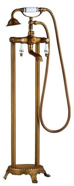 Miscelatore per vasca da bagno – Modello freestanding, montaggio a pavimento – Rubinetteria per vasca – Con due manopole – Doccetta manuale – Ottone spazzolato anticato – Adatto per acqua calda e fredda