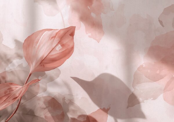 Carta da parati Delicate foglie rosa in una luce soffusa, Carta da parati acquerello sul muro, Carta da parati popolare, t00918v3 - Tapeko.it