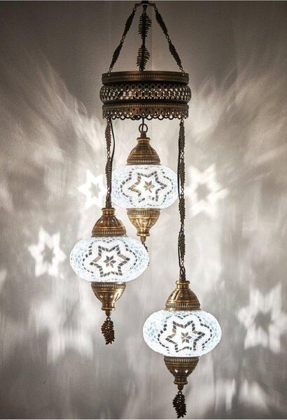 Lampada a sospensione turca con 3 sfere di vetro effetto mosaico, lampada da soffitto in stile orientale, realizzata a mano, 20x85 cm