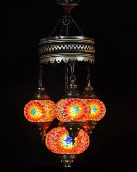 Lampada a sospensione turca con 4 sfere colorate a mosaico – Lampada da soffitto orientale per un'illuminazione d'atmosfera