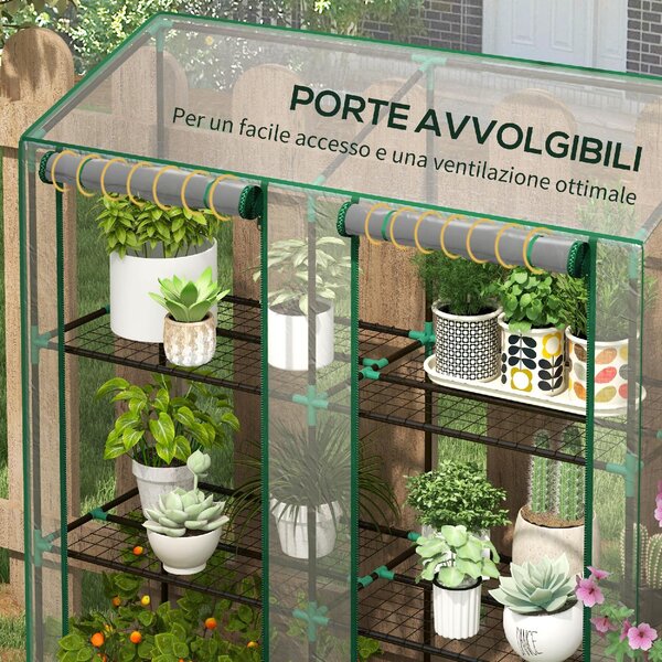 VivaGarden Mini Serra da Giardino con Copertura in PE 6 Mensole e 2 Porte Avvolgibili 143x46x151cm Trasparente