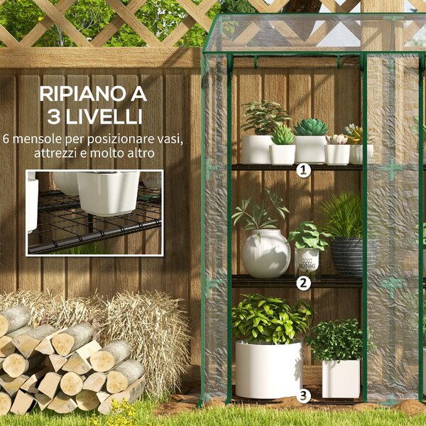 VivaGarden Mini Serra da Giardino con Copertura in PE 6 Mensole e 2 Porte Avvolgibili 143x46x151cm Trasparente