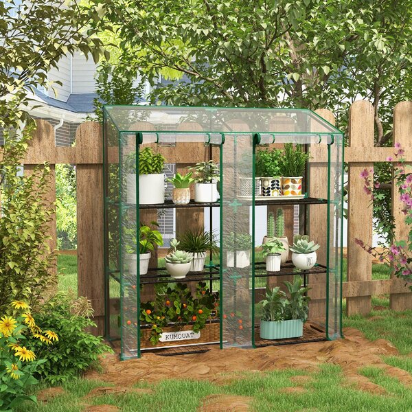 VivaGarden Mini Serra da Giardino con Copertura in PE 6 Mensole e 2 Porte Avvolgibili 143x46x151cm Trasparente