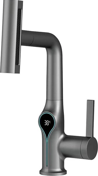 Miscelatore per lavabo a cascata con display digitale della temperatura - Rialzabile - Acqua calda e fredda - Montaggio a incasso - Grigio chiaro