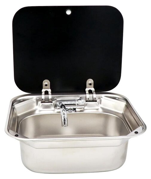 Lavello da incasso in acciaio inossidabile 304 – per camper, caravan, imbarcazioni. Include: coperchio, rubinetto pieghevole, scarico diritto