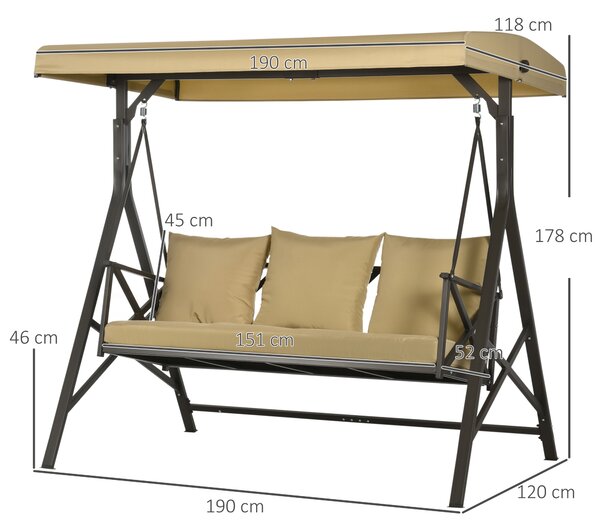 Outsunny Dondolo da Giardino 3 Posti in Acciaio e Poliestere con Tetto Inclinabile e Cuscini, 190x120x178 cm|Aosom