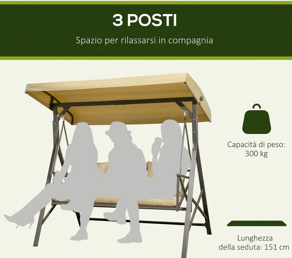 Outsunny Dondolo da Giardino 3 Posti in Acciaio e Poliestere con Tetto Inclinabile e Cuscini, 190x120x178 cm|Aosom