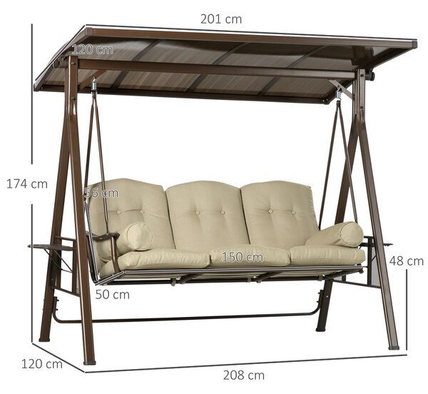 Outsunny Dondolo da Giardino 3 Posti in Acciaio con Tettuccio Inclinabile e Cuscini, 208x120x174 cm|Aosom