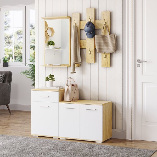 HOMCOM Set per Ingresso 3 in 1 con Appendiabiti a Muro, Specchio e Scarpiera con Panca in Legno|Aosom