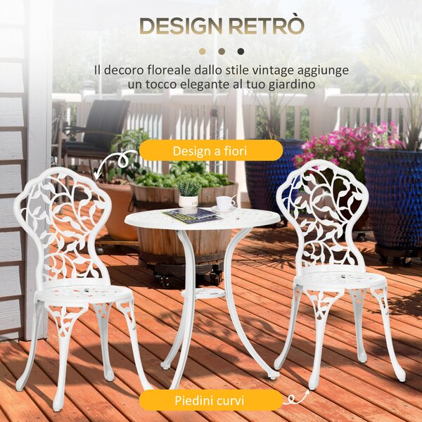 Outsunny Set da Giardino 3 Pezzi in Alluminio Bianco, 2 Sedie da Esterno 45x42x85.5 cm e Tavolino Rotondo Ø61x66.5 cm|Aosom