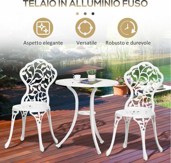 Outsunny Set da Giardino 3 Pezzi in Alluminio Bianco, 2 Sedie da Esterno 45x42x85.5 cm e Tavolino Rotondo Ø61x66.5 cm|Aosom