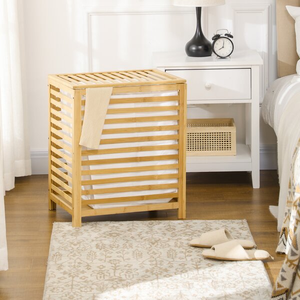 HOMCOM Cesto Portabiancheria a Doghe in Bambù e Tessuto con Coperchio e Sacca Rimovibile, 50x36x60 cm|Aosom