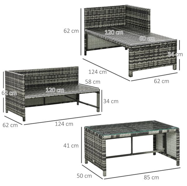 Outsunny Salotto da Giardino con Divanetto, Chaise Longue e Tavolino in Rattan PE con Cuscini, Grigio|Aosom