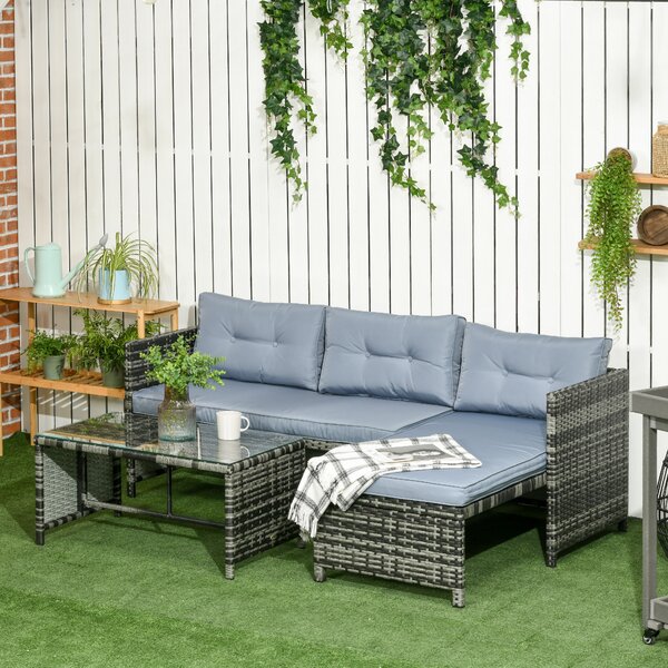 Outsunny Salotto da Giardino con Divanetto, Chaise Longue e Tavolino in Rattan PE con Cuscini, Grigio|Aosom