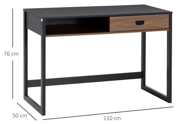 HOMCOM Scrivania per Camera e Ufficio con Cassetto Stile Industriale, 110x50x76cm, Noce e Nero|Aosom