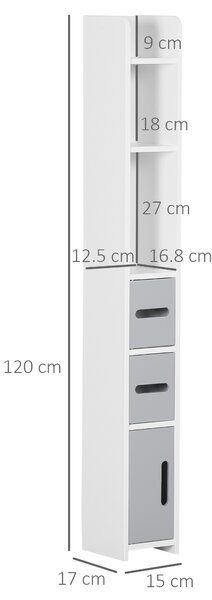 Kleankin Colonna Bagno con Mensole e Armadietti, Mobile Alto Salvaspazio in Legno 15x17x120cm, Bianco e Grigio|Aosom