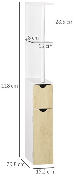 Kleankin Colonna Bagno con 2 Ripiani e 2 Armadietti, Mobile Alto Salvaspazio 15.2x29.8x118cm, Bianco e Legno|Aosom