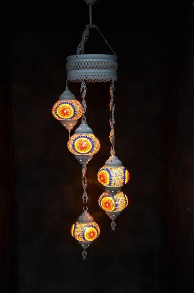 Lampada a sospensione in vetro colorato con 5 sfere a mosaico in stile orientale, lampada da soffitto marocchina, lunga 120 cm