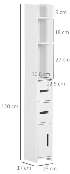 Kleankin Colonna Bagno con Mensole e Armadietti, Mobile Alto Salvaspazio in Legno 15x17x120cm, Bianco|Aosom
