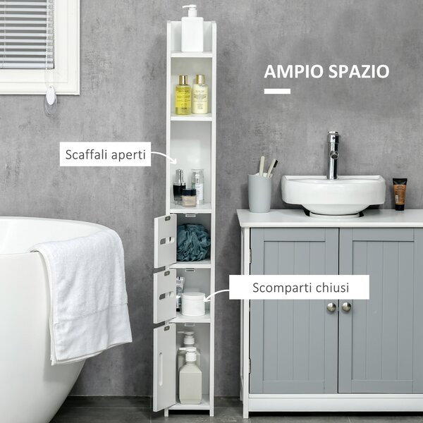Kleankin Colonna Bagno con Mensole e Armadietti, Mobile Alto Salvaspazio in Legno 15x17x120cm, Bianco|Aosom