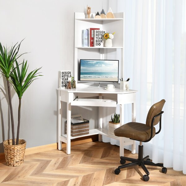 Costway Scrivania angolare per computer con credenza, Postazione di lavoro con vassoio per tastiera e ripiani Bianco