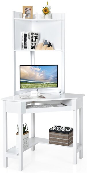 Costway Scrivania angolare per computer con credenza, Postazione di lavoro con vassoio per tastiera e ripiani Bianco