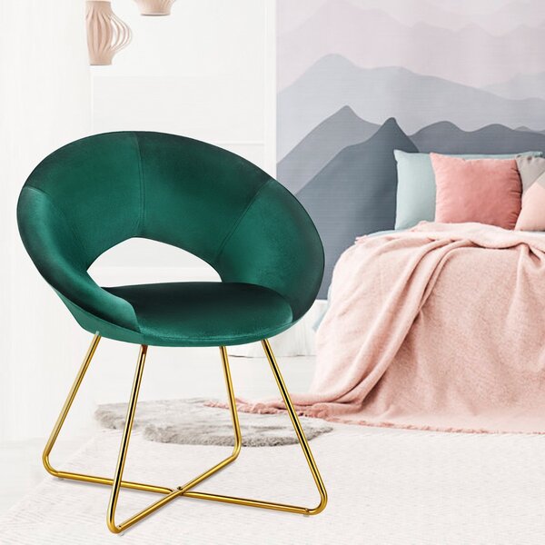 Costway Sedia in velluto con braccioli gambe di metallo, Poltrona mid-century per toeletta reception Verde scuro