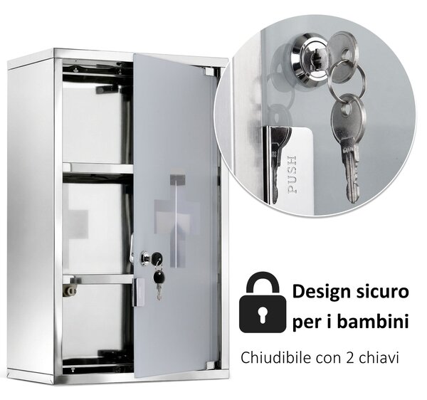 HomCom Armadietto medicinali Cassetta porta medicine Mobile Bagno Primo Soccorso in Acciaio Inox con Serratura 50x30x18cm|Aosom