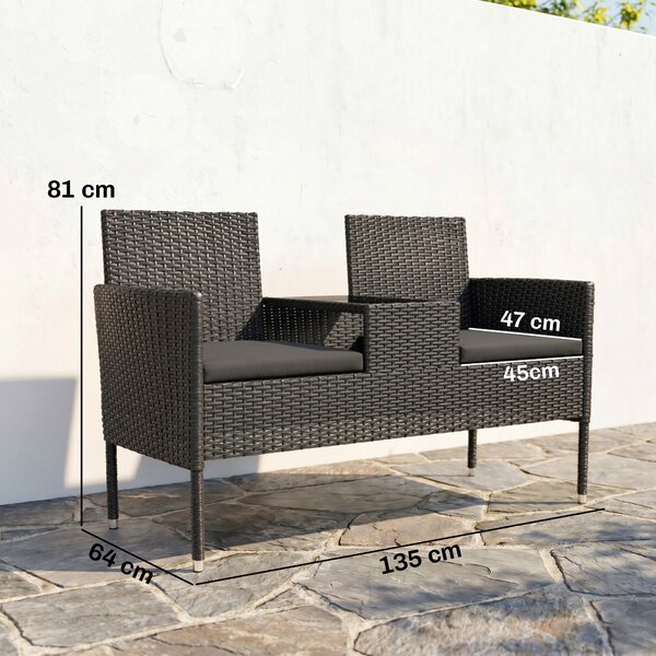 Outsunny Divanetto per Esterni 2 Posti con Tavolino da Caffè, in Acciaio e Rattan PE, 137x59x82 cm, Nero|Aosom