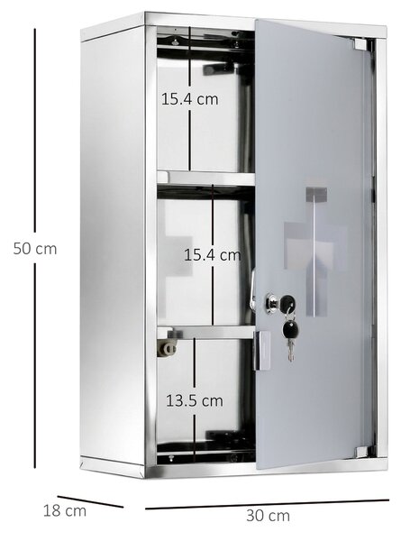 HomCom Armadietto medicinali Cassetta porta medicine Mobile Bagno Primo Soccorso in Acciaio Inox con Serratura 50x30x18cm|Aosom