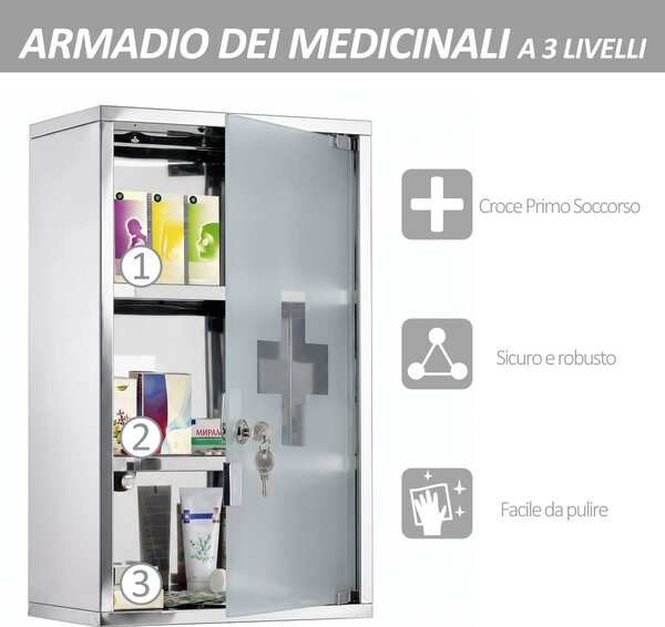 HomCom Armadietto medicinali Cassetta porta medicine Mobile Bagno Primo Soccorso in Acciaio Inox con Serratura 50x30x18cm|Aosom