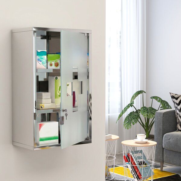 HomCom Armadietto medicinali Cassetta porta medicine Mobile Bagno Primo Soccorso in Acciaio Inox con Serratura 50x30x18cm|Aosom