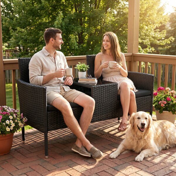 Outsunny Divanetto per Esterni 2 Posti con Tavolino da Caffè, in Acciaio e Rattan PE, 137x59x82 cm, Nero|Aosom
