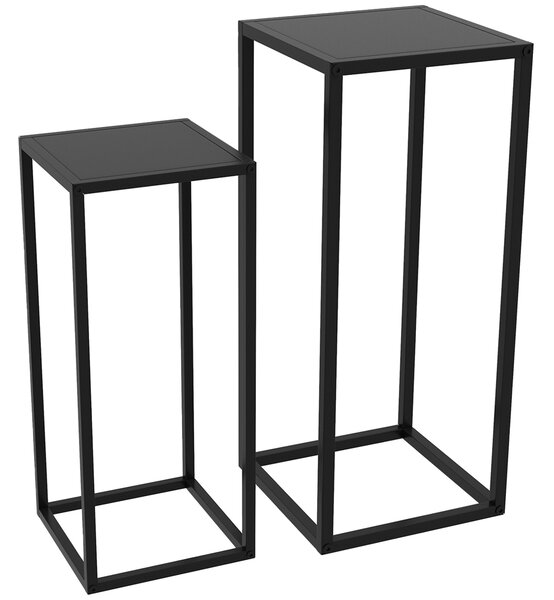 Outsunny Tavolino Portapiante Set 2 Pezzi in Acciaio per Interni ed Esterni, 25x25x58.5 cm e 31x31x65 cm, Nero