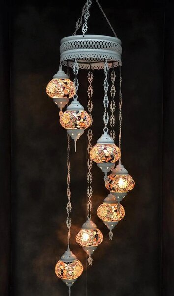 Lampada a sospensione in vetro colorato con mosaico orientale, a 7 sfere, realizzata a mano in Turchia, bianco crema