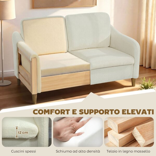 HOMCOM Divano 2 Posti Moderno con Cuscini Spessi e Rivestimento Sherpa, 137x69x82 cm, Crema | Aosom Italy