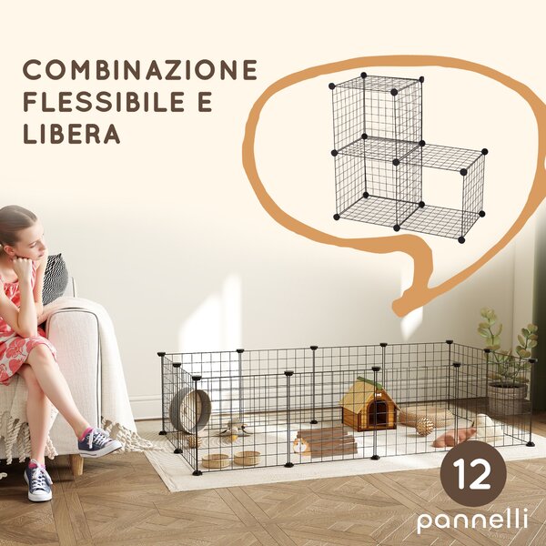 PawHut Recinto per Cuccioli e Piccoli Animali Modulabile in Metallo e PP, 12 Pannelli da 35x35 cm Nero|Aosom