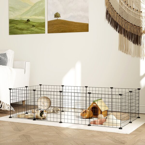 PawHut Recinto per Cuccioli e Piccoli Animali Modulabile in Metallo e PP, 12 Pannelli da 35x35 cm Nero|Aosom