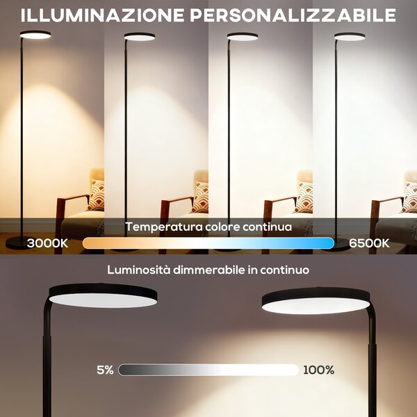 HOMCOM Lampada da Terra LED con Testa Girevole a 350° e Telecomando Magnetico, Regolazione Continua 3000K-6500K, Nero | Aosom Italy