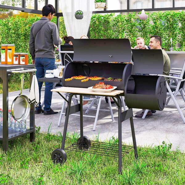 Outsunny Barbecue da Giardino con Coperchio, Ripiani e ruote, Termometro illuminato e manici in legno, 124x53x104cm, Nero | Aosom Italy
