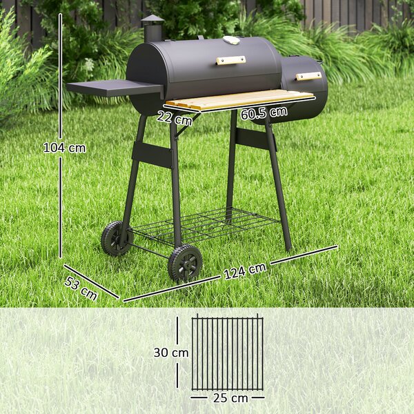 Outsunny Barbecue da Giardino con Coperchio, Ripiani e ruote, Termometro illuminato e manici in legno, 124x53x104cm, Nero | Aosom Italy