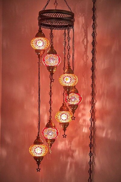 Lampada a sospensione turca a 7 globi in vetro mosaico rosso-arancio – Lampadari orientali per un'illuminazione d'atmosfera
