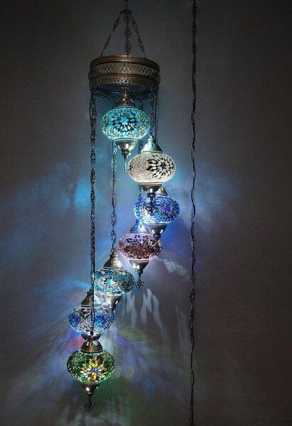 Lampada a sospensione turca a mosaico, lampada da soffitto marocchina realizzata a mano, 7 sfere di vetro colorate, attacco E14, altezza 155 cm