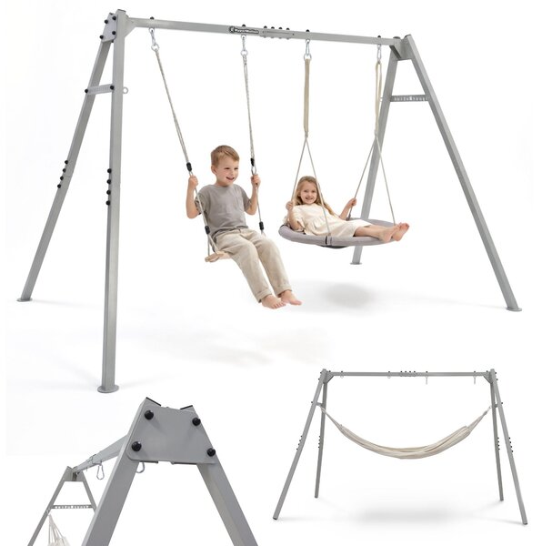 Altalena da giardino 3 in 1 con nido per uccelli, altalena in legno e amaca, struttura in acciaio, 310 cm, per giardino e bambini