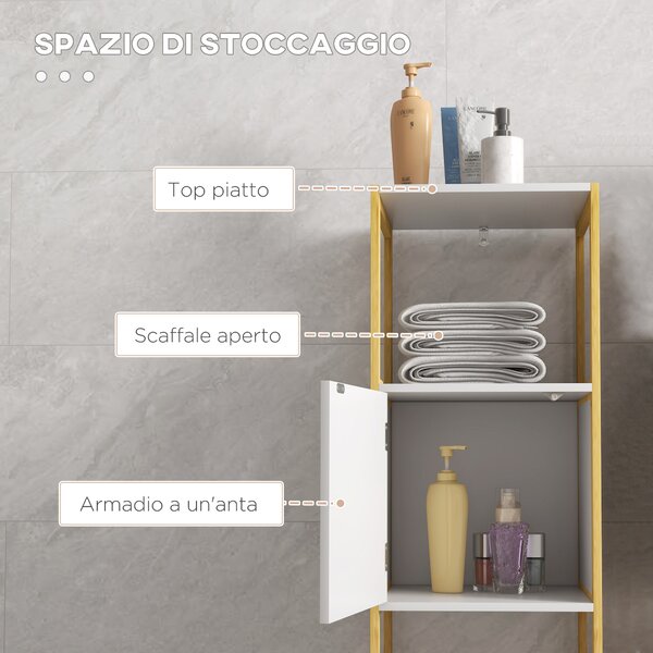 HOMCOM Mobile Bagno con Ripiano Aperto e Anta con Apertura a Pressione in Bambù e MDF, 33x33x80cm, Bianco|Aosom