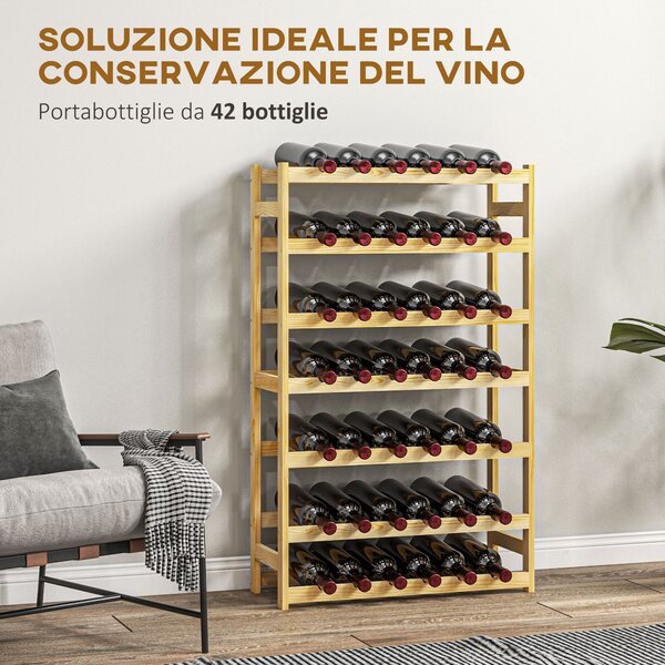 HOMCOM Scaffale Portabottiglie a 7 Livelli per 42 Bottiglie di Vino, Legno di Pino Naturale, 63x25x102cm|Aosom