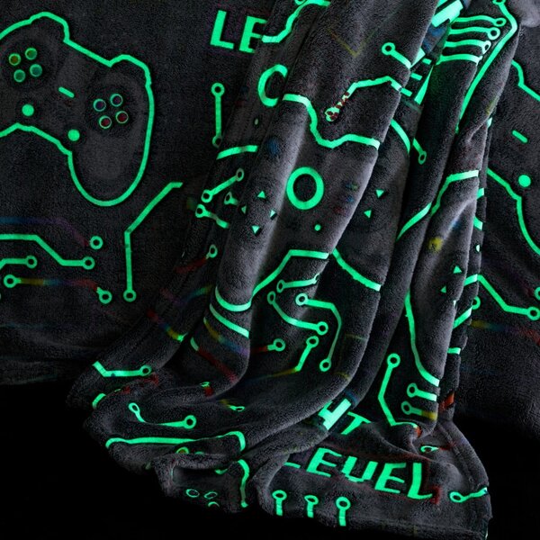 Coperta grigia per neonati con effetto luminoso in micropile 130x170 cm Game Over - Catherine Lansfield
