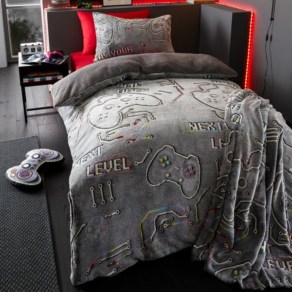 Coperta grigia per neonati con effetto luminoso in micropile 130x170 cm Game Over - Catherine Lansfield