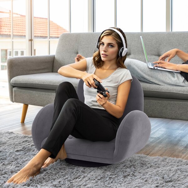 Costway Sedia da terra girevole con schienale e braccioli regolabili, Sedia da gaming pieghevole per tv lettura Grigio scuro