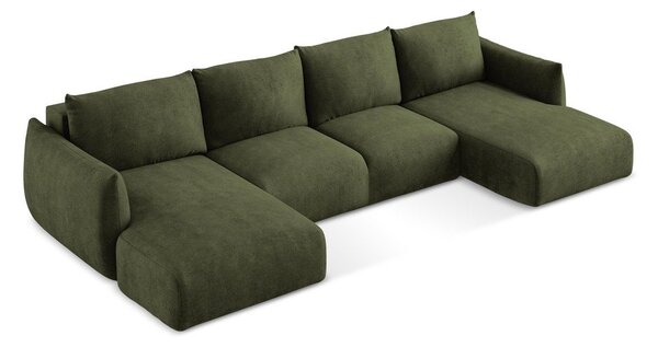 Divano angolare verde allungabile (a U) con rivestimento in ciniglia Leila – Makamii